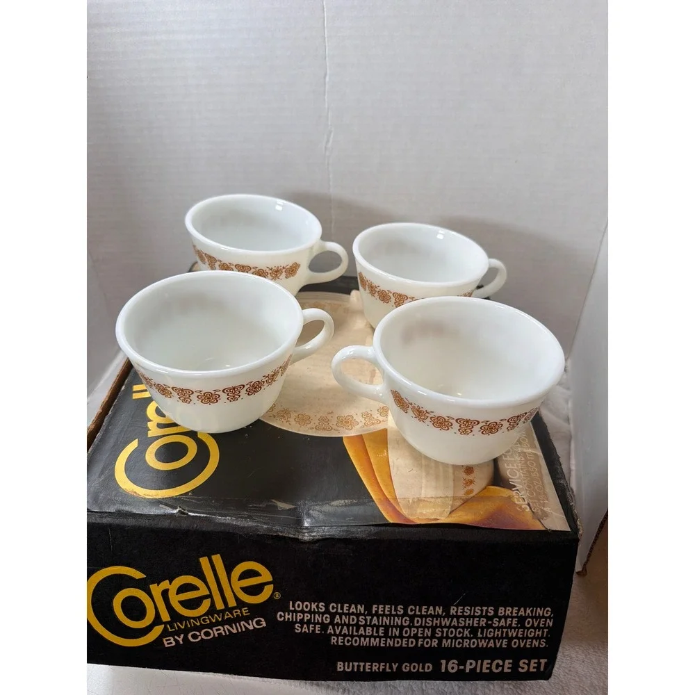 VTG Corelle Butterfly Gold Dinnerware Set 16 Pc Service for 4 White Gold OpenBox